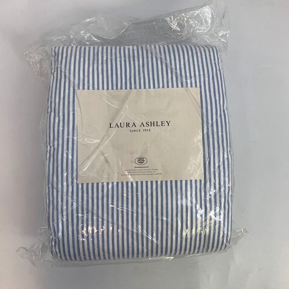 Laura Ashley Oxford Stripe Blue/White Twin Quilt Set w/ Sham NEW